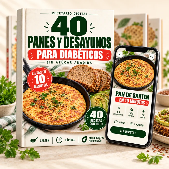 Recetario 40 Panes y Desayunos para Diabéticos en libro y en el celular